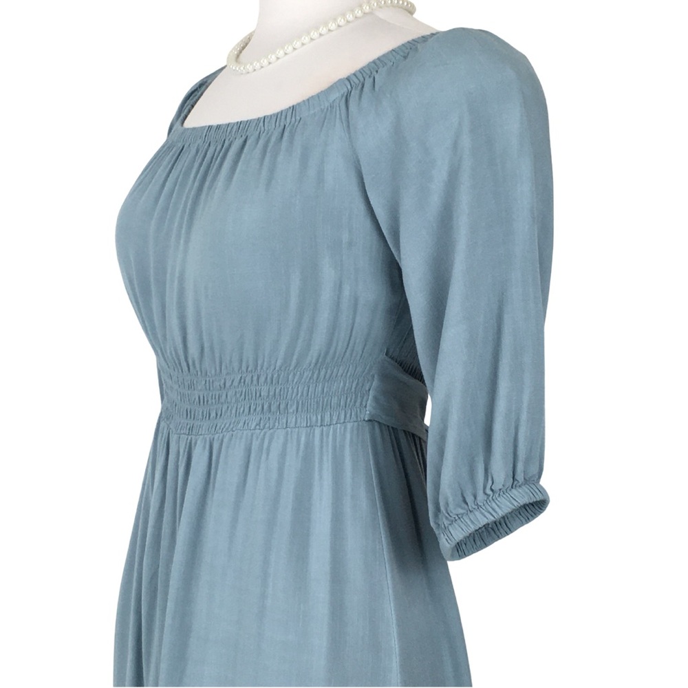 Forever 21 Chambray Blue Off Shoulder 3/4 Sleeve Smocked Waist Maxi Dress Small - Picture 5 of 13